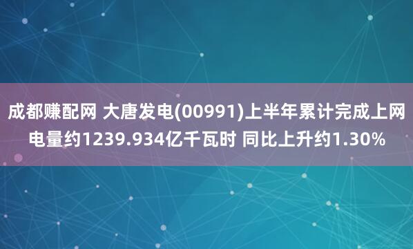 成都赚配网 大唐发电(00991)上半年累计完成上网电量约1239.934亿千瓦时 同比上升约1.30%